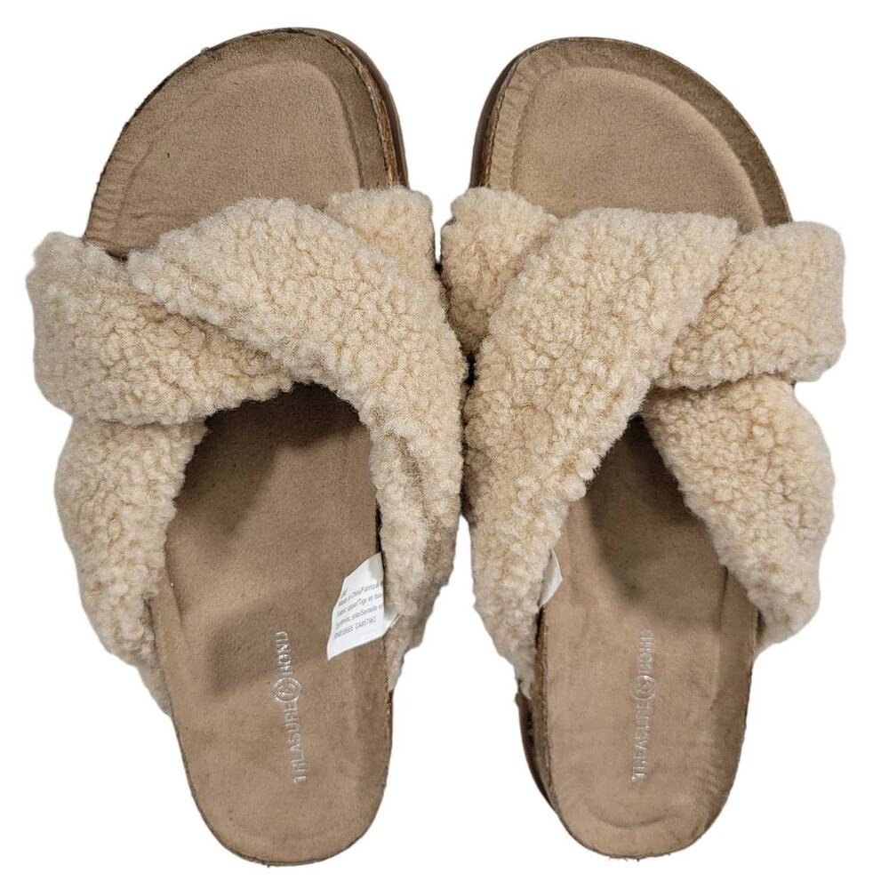 Treasure and Bond Sherpa Slide Sandals Cream‎ Women Size 6 Comfort Cozy Warm